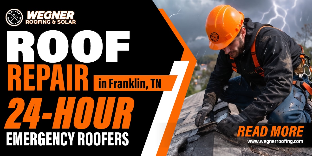 Roof repair Franklin TN showing roofer fixing damaged shingles during storm with fast 24-hour emergency roofing service.