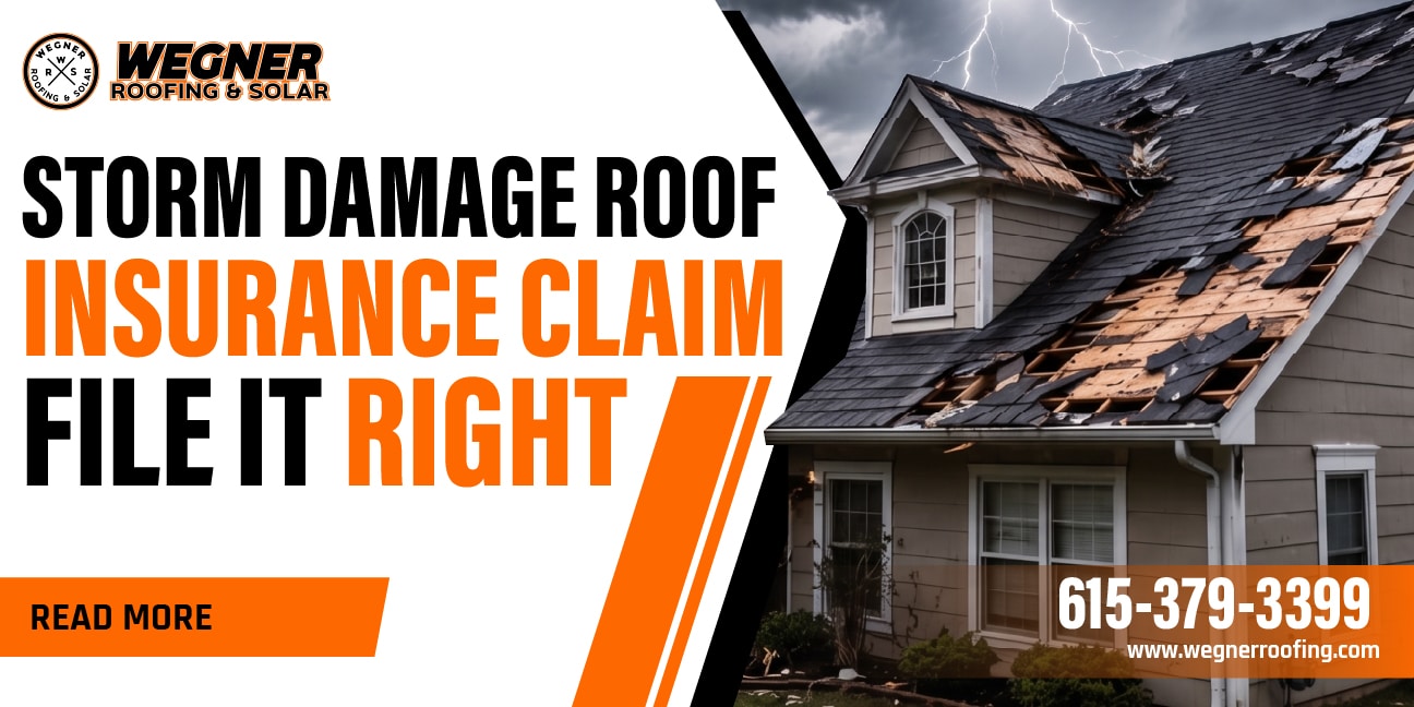 storm damage roof insurance claim showing severely damaged roof shingles after storm impact on residential home