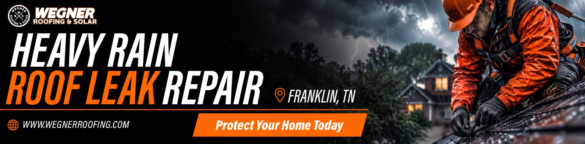 Heavy rain roof leak repair in Franklin TN showing roofer fixing storm-damaged roof during severe weather conditions.